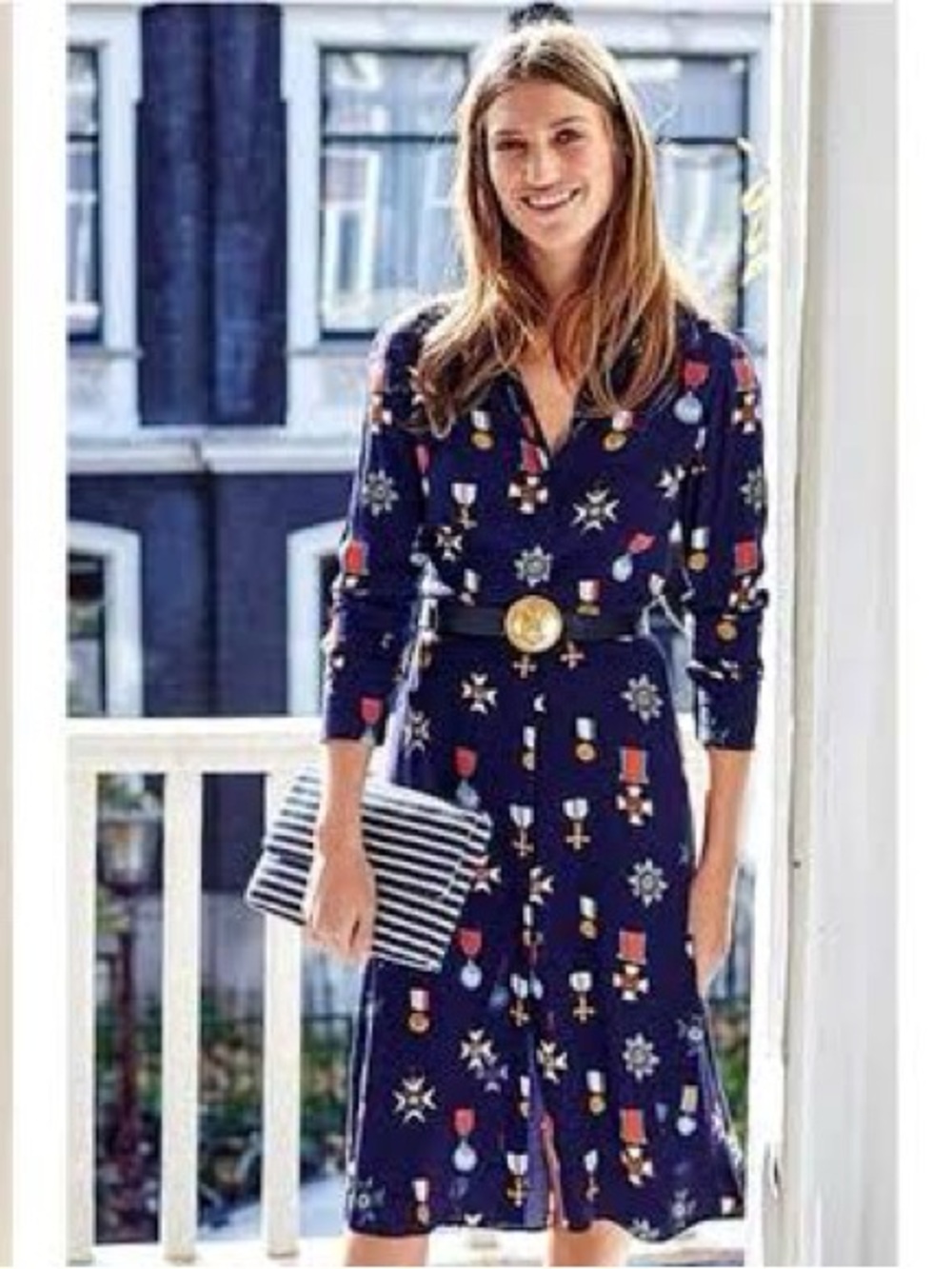 Boden Navy Military Medal-Print Wrap Dress with Tie Waist